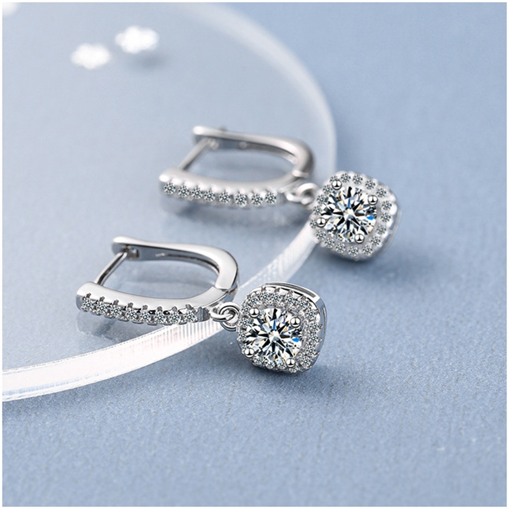 0.5ct Round Moissanite Cushion Halo Drop Earrings (2) Round Moissanite Cushion Halo Drop Earrings