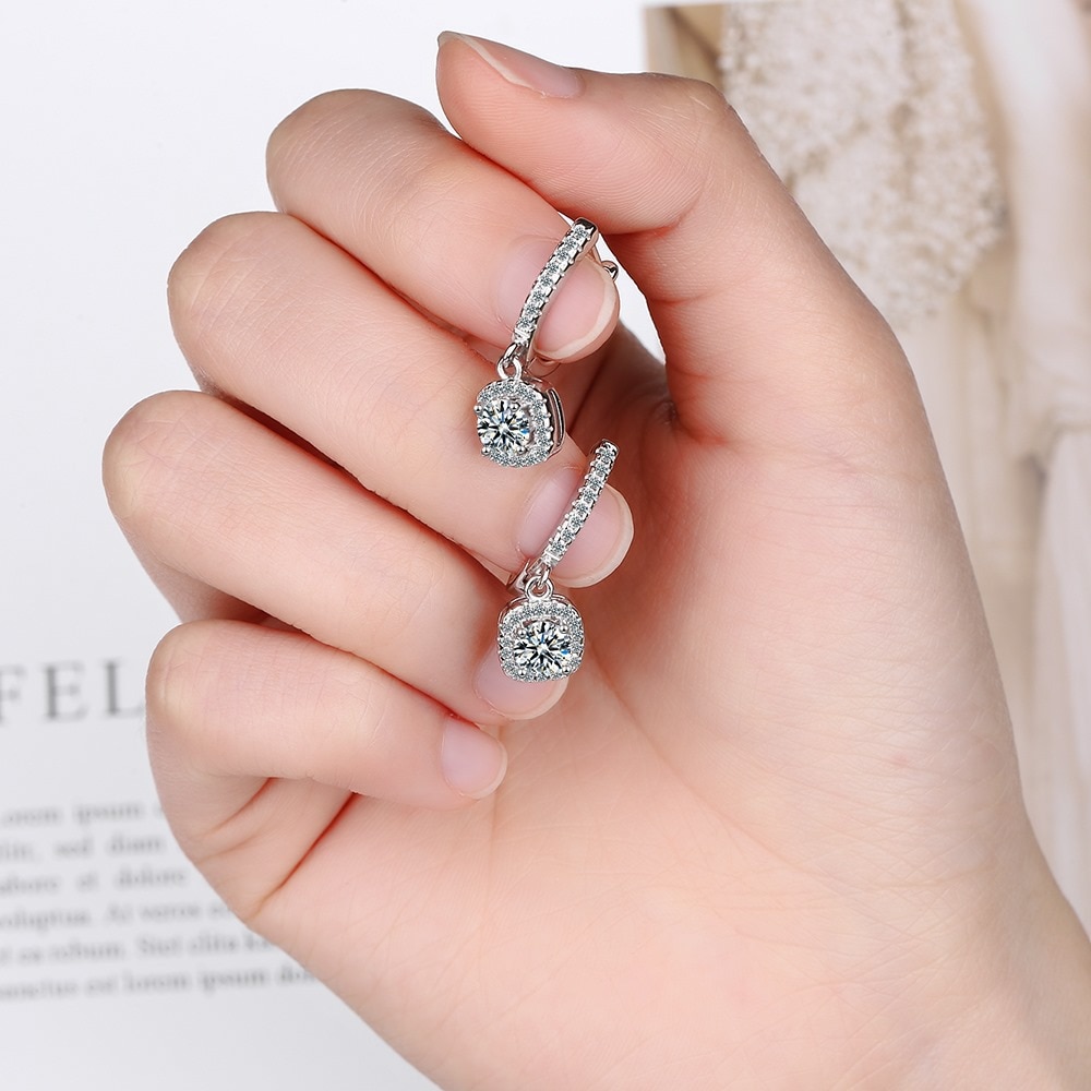 0.5ct Round Moissanite Cushion Halo Drop Earrings (4) Round Moissanite Cushion Halo Drop Earrings