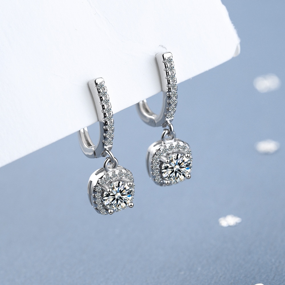 0.5ct Round Moissanite Cushion Halo Drop Earrings (5) Round Moissanite Cushion Halo Drop Earrings