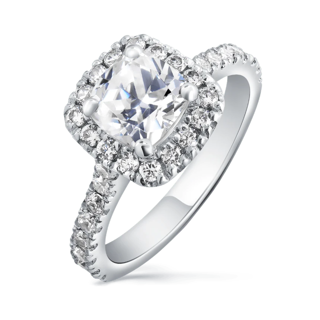 2ct cushion cut moissanite halo ring (hero) 2ct Cushion Cut Moissanite Halo Ring (Hero)