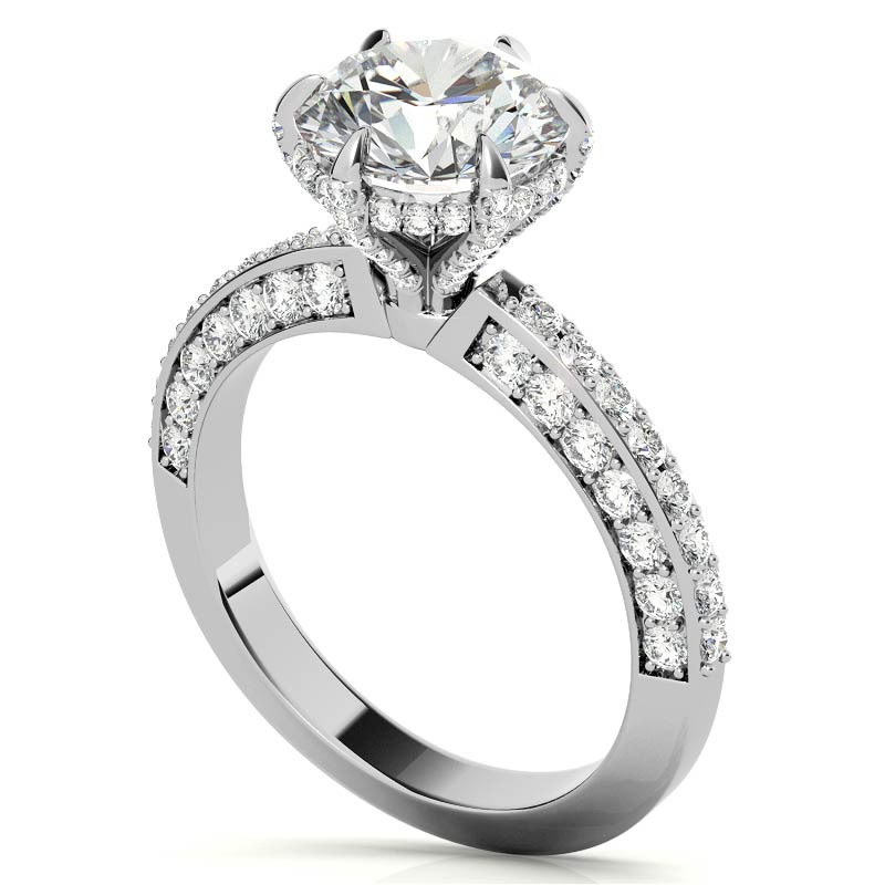 4ct Round Moissanite ring with Triple Pave Band + Prongs (Hero) 4 carat round moissanite ring