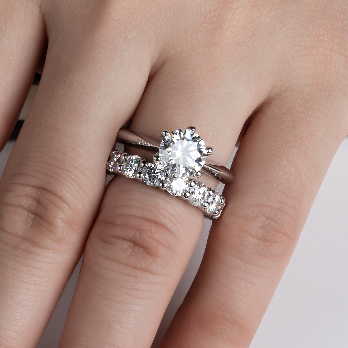 Briallent 2ct round moissanite solitaire ring with eternity ring