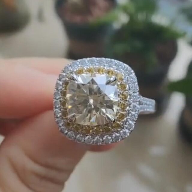 Eleni 3ct Cushion Cut Moissanite Double Halo Ring Champagne