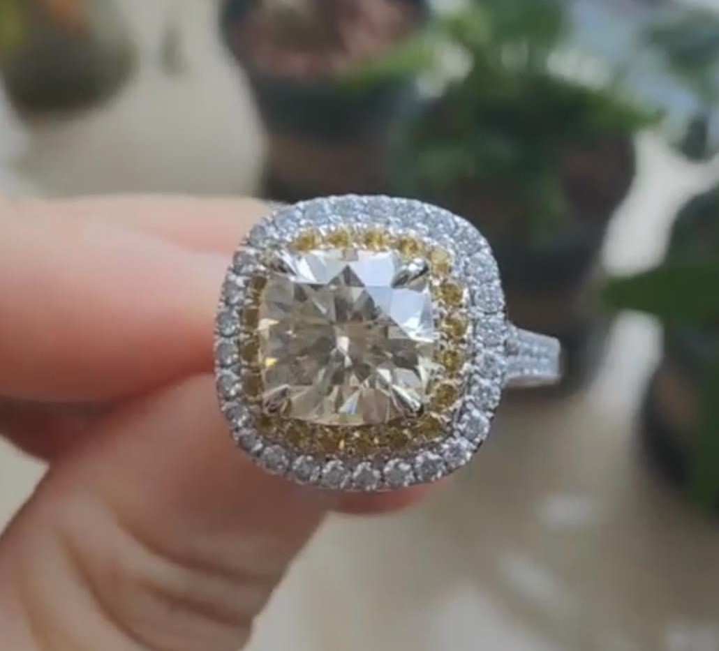 Eleni 3ct Cushion Cut Moissanite Double Halo Ring Champagne Eleni 3ct Cushion Cut Moissanite Double Halo Ring Champagne