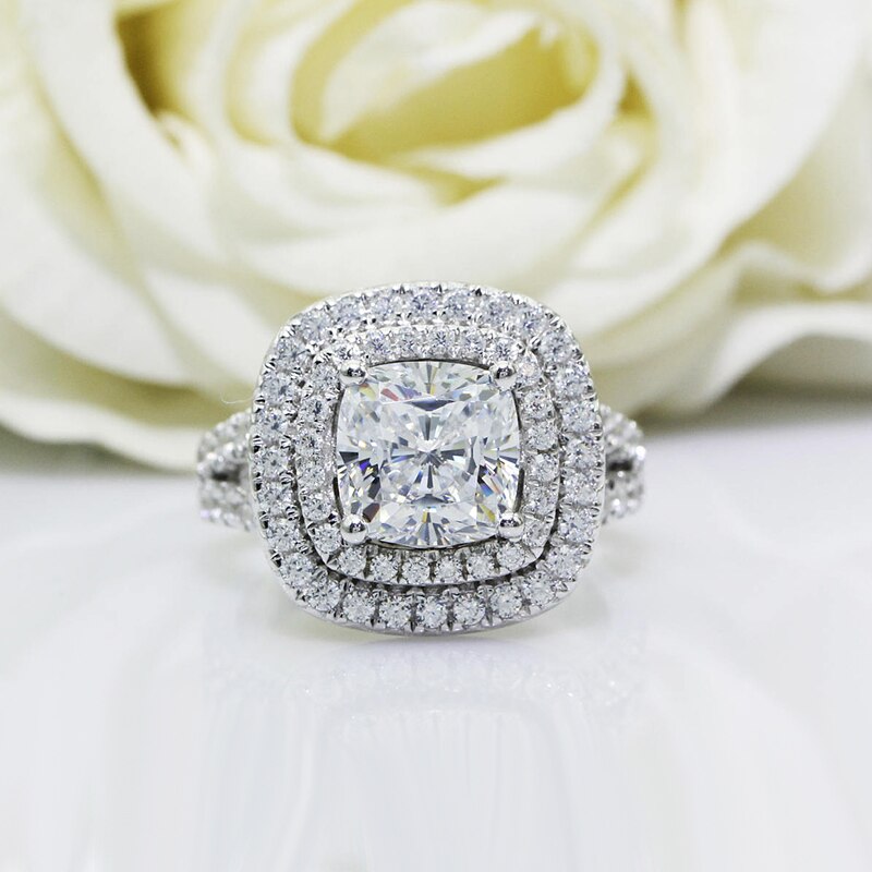 Eleni 3ct Cushion Cut Moissanite Double Halo Ring WG (1) 3ct Cushion Cut Moissanite Double Halo Ring WG