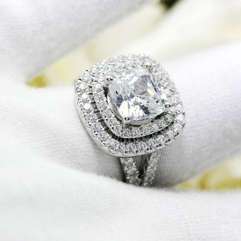 3ct Cushion Cut Moissanite Double Halo Ring WG