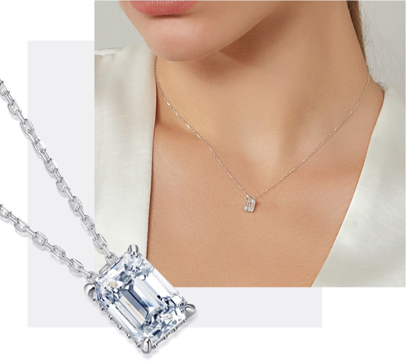 Emerald Cut Moissanite Hidden Halo Pendant Modelled 1ct Emerald Cut Moissanite Hidden Halo Pendant Modelled