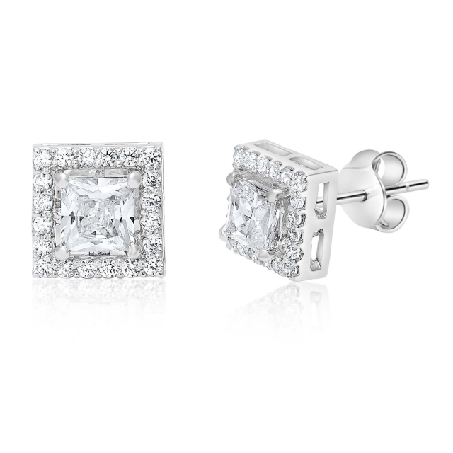 Pallas Princess Cut Moissanite Halo Stud Earrings