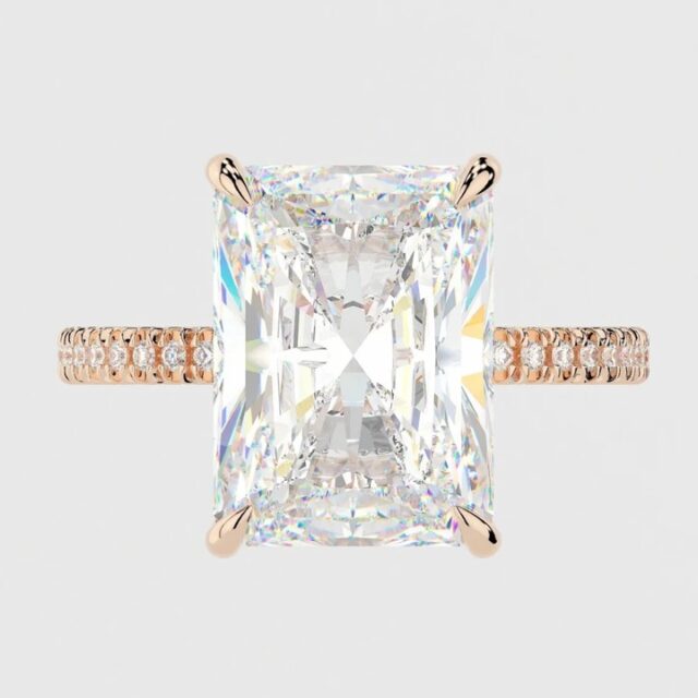 Rhiannon 4.5ct Radiant Cut Hidden Halo Ring RG Front 4.5 Carat | 10 Carat Radiant Moissanite Hidden Halo Ring with 3D Pave Band RG