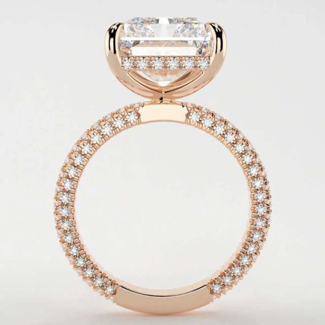 Rhiannon 4.5ct Radiant Cut Hidden Halo Ring RG Upright 4.5 Carat | 10 Carat Radiant Moissanite Hidden Halo Ring with 3D Pave Band RG