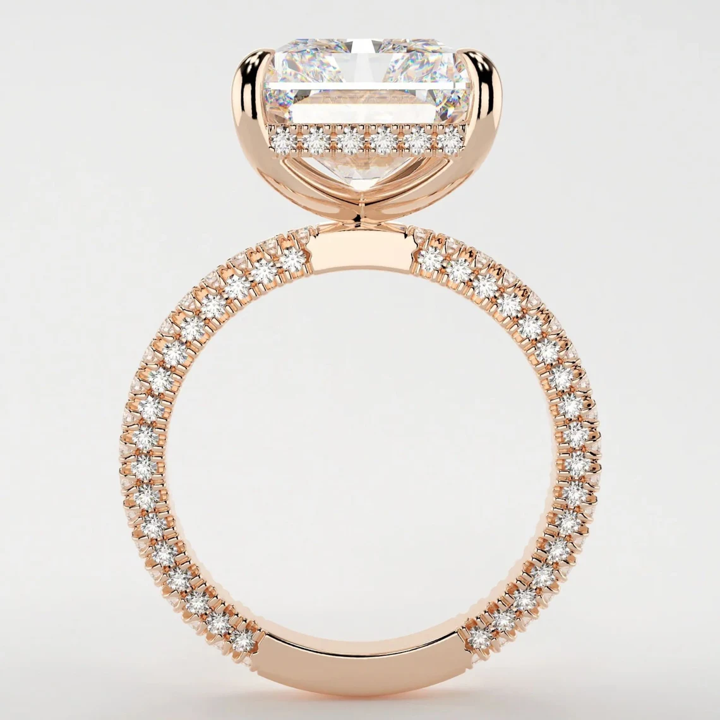 Rhiannon 4.5ct Radiant Cut Hidden Halo Ring RG Upright 4.5 Carat | 10 Carat Radiant Moissanite Hidden Halo Ring with 3D Pave Band RG