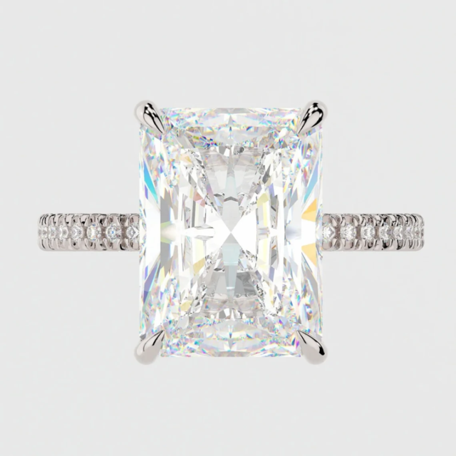 Rhiannon 4.5ct Radiant Cut Hidden Halo Ring WG Front 4.5 Carat | 10 Carat Radiant Moissanite Hidden Halo Ring with 3D Pave Band WG