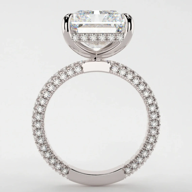 Rhiannon 4.5ct Radiant Cut Hidden Halo Ring WG Upright 4.5 Carat | 10 Carat Radiant Moissanite Hidden Halo Ring with 3D Pave Band WG