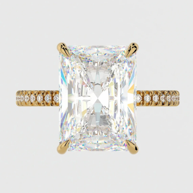 Rhiannon 4.5ct Radiant Cut Hidden Halo Ring YG Front 4.5 Carat | 10 Carat Radiant Moissanite Hidden Halo Ring with 3D Pave Band YG