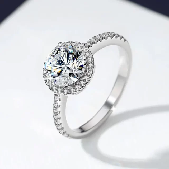 Rosemary Round Halo Moissanite Ring with Half Pave Band (3) Rosemary Round Halo Moissanite Ring with Half Pave Band