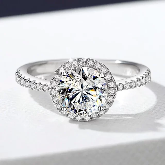 Rosemary Round Halo Moissanite Ring with Half Pave Band (4) Rosemary Round Halo Moissanite Ring with Half Pave Band
