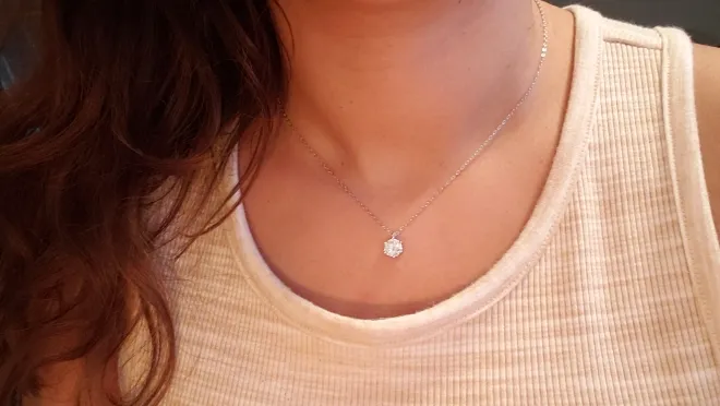 Round Moissanite Solitaire Pendant 6 Prong Single Link (Modelled) Round Moissanite Solitaire Pendant 6 Prong Single Link (Modelled)