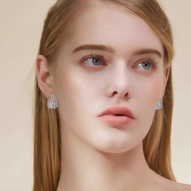 Semiha Moissanite Cushion Halo semi drop earrings (2) Semiha Moissanite Cushion Halo semi drop earrings