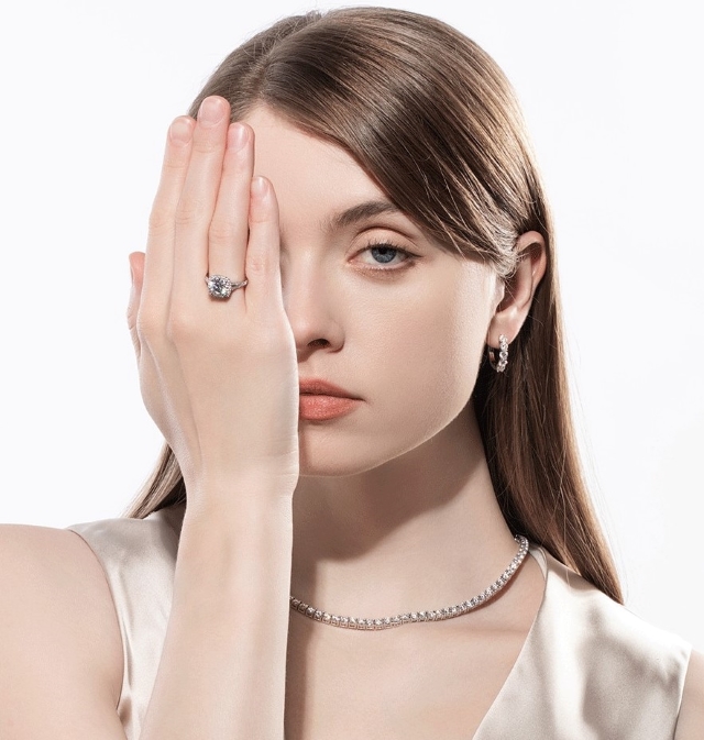 Shanvi round moissanite cushion halo split shank ring (modelled) Shanvi round moissanite cushion halo split shank ring (modelled)