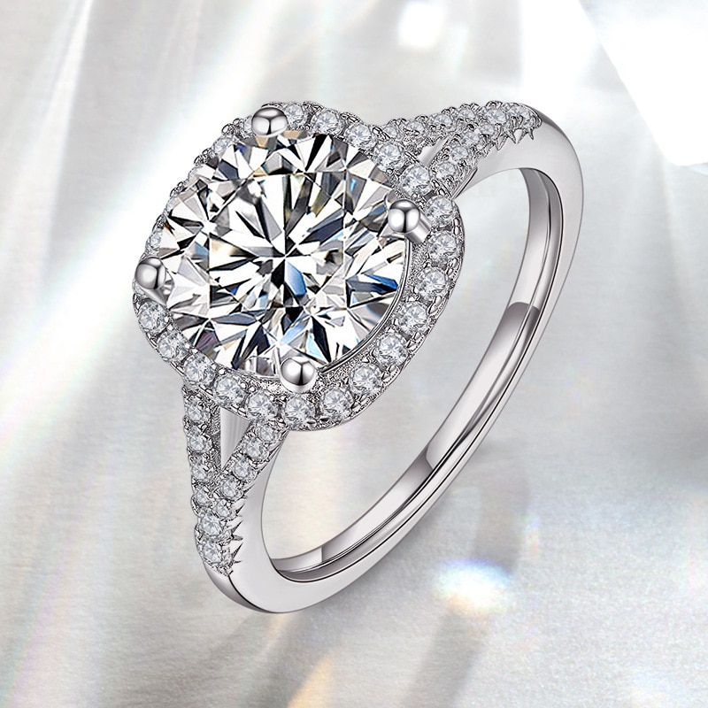 round moissanite cushion halo split shank ring shiny background (2) round moissanite cushion halo split shank ring shiny background