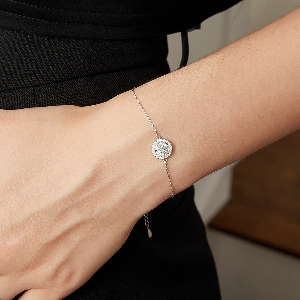 1ct Halo Round Moissanite Bracelet modelled halo round solitaire moissanite bracelet (modelled
