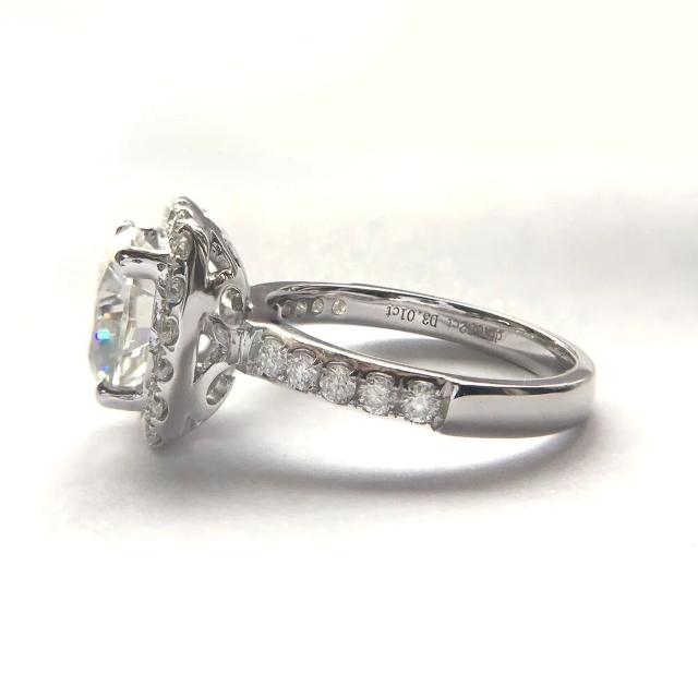 Carita Round Moissanite Cushion Halo Ring with Half Pave Band (2) Carita Round Moissanite Cushion Halo Ring with Half Pave Band