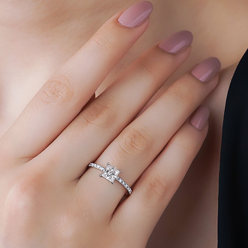 Priyanka Pave Princess Cut Moissanite 4 Prong Ring with Half Pave Band (1)