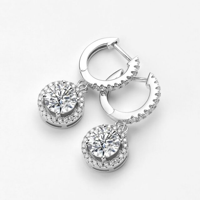 Rosemary Moissanite Round Halo Drop Earrings