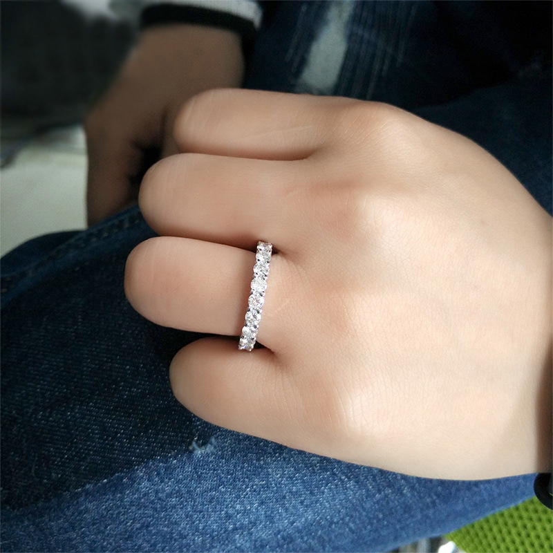 round moissanite full eternity ring modelled