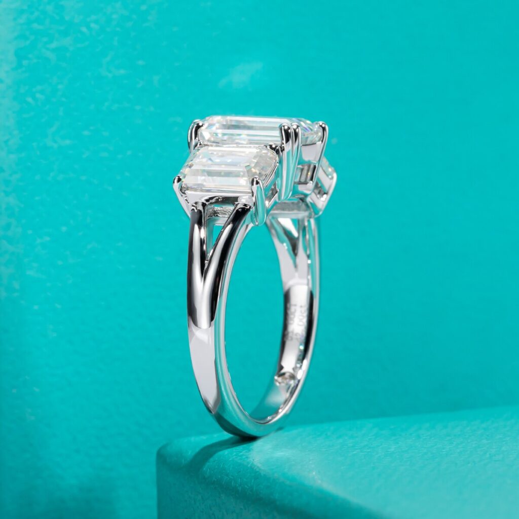 Eloise 5ctw Moissanite emerald cut trilogy ring 