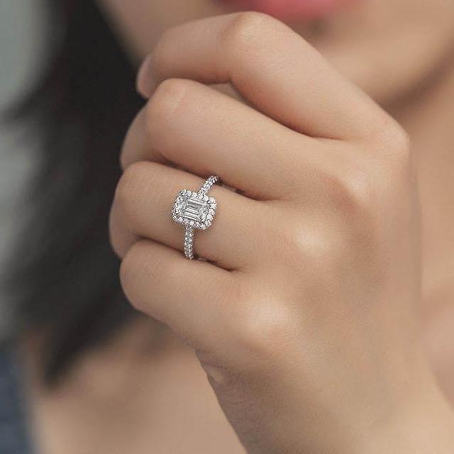 1 or 2 Carat Genuine Moissanite Emerald Cut Halo Ring 1 or 2 Carat Genuine Moissanite Emerald Cut Halo Ring