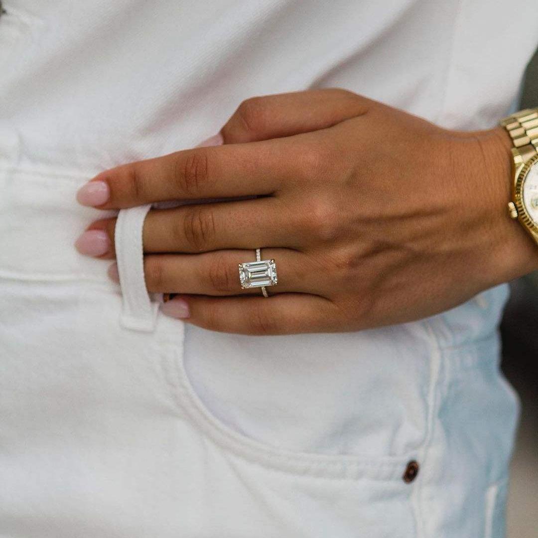 7 Carat Emerald Cut Solitaire Moissanite Ring with Half Pave Band 7 Carat Emerald Cut Solitaire Moissanite Ring with Half Pave Band