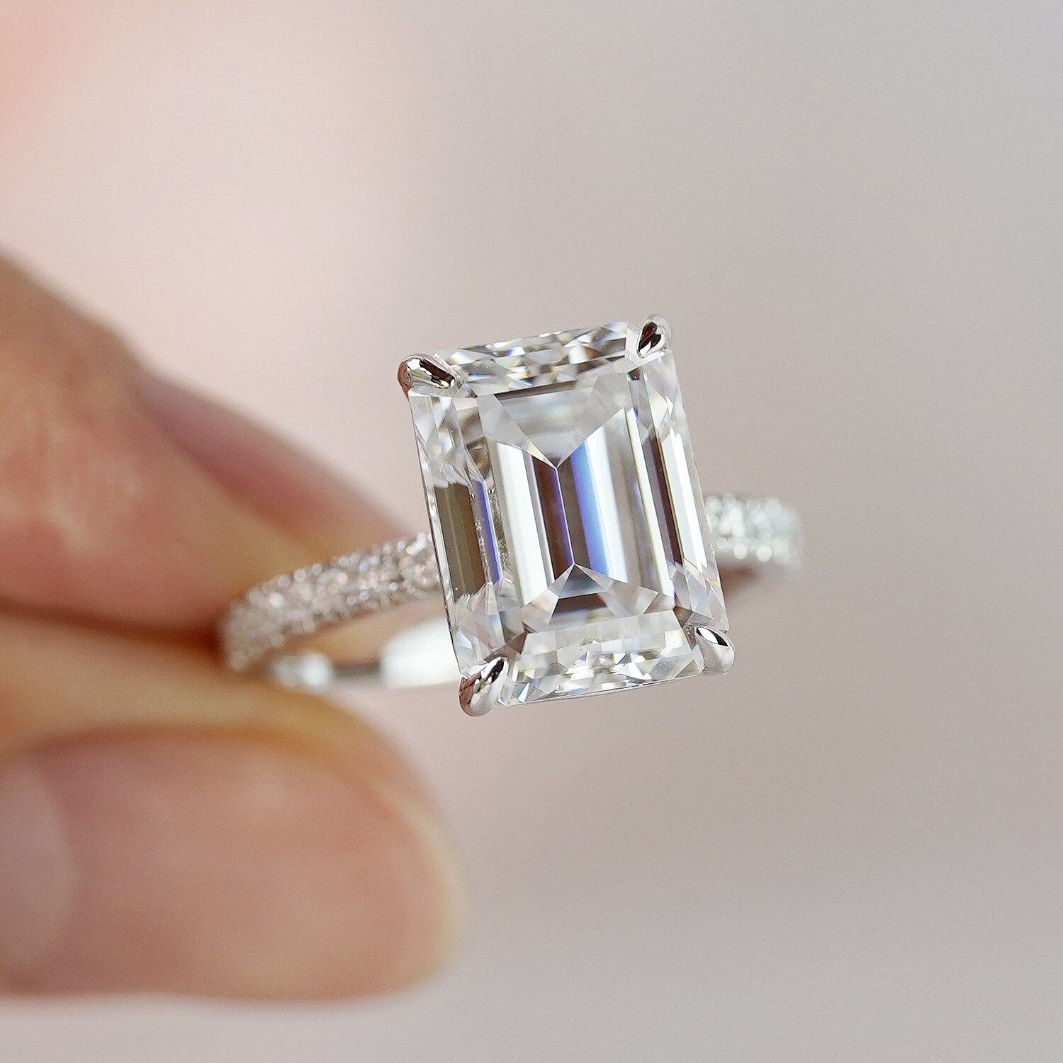 'Evelyn' 7 Carat Emerald Cut Solitaire Moissanite Ring With Pave Band ...