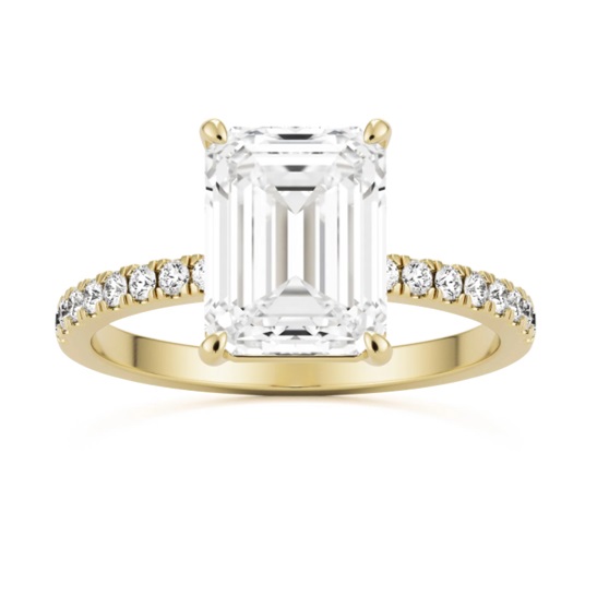 'Evelyn' 7 Carat Emerald Cut Solitaire Moissanite Ring With Pave Band