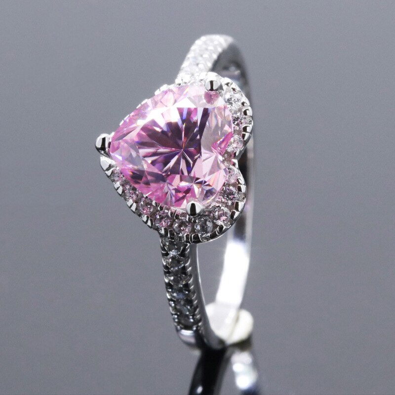 Pink Moissanite Heart Halo Ring with Half Pave Band (4) Pink Moissanite Heart Halo Ring with Half Pave Band