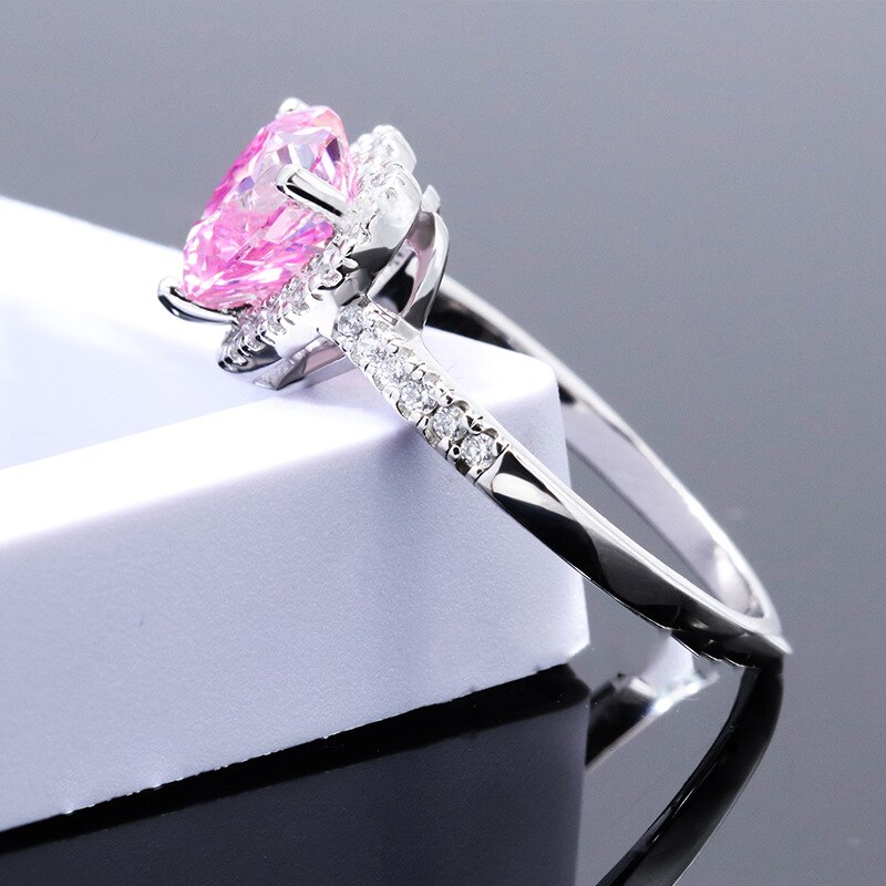 Pink Moissanite Heart Halo Ring with Half Pave Band (6) Pink Moissanite Heart Halo Ring with Half Pave Band