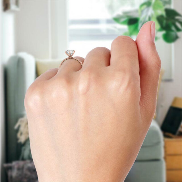 round 6 prong moissanite ring half pave band (YG Modelled)