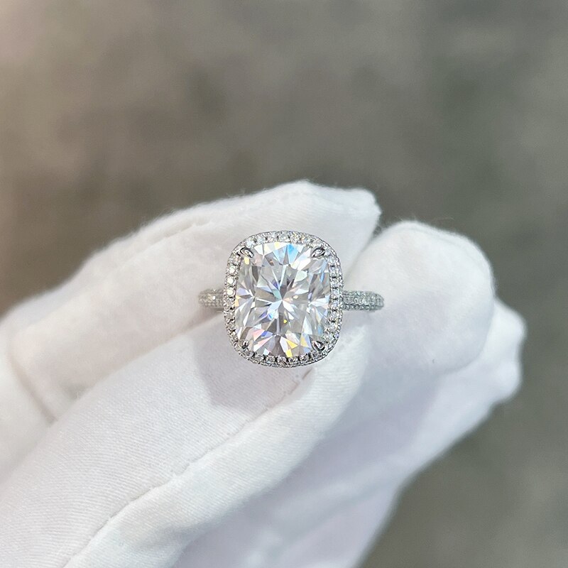 'Gretel' Genuine 5 Carat Cushion Cut Moissanite Ring With 3D Halo + 3D ...