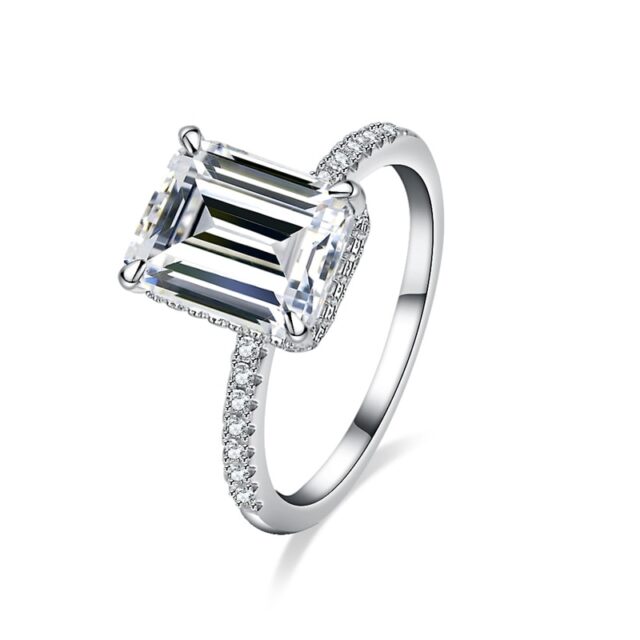 Rochelle 4ct Emerald Cut Moissanite Hidden Halo Ring with Half Pave Band (1)