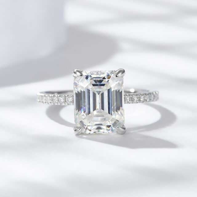 Rochelle 4ct Emerald Cut Moissanite Hidden Halo Ring with Half Pave Band (6)