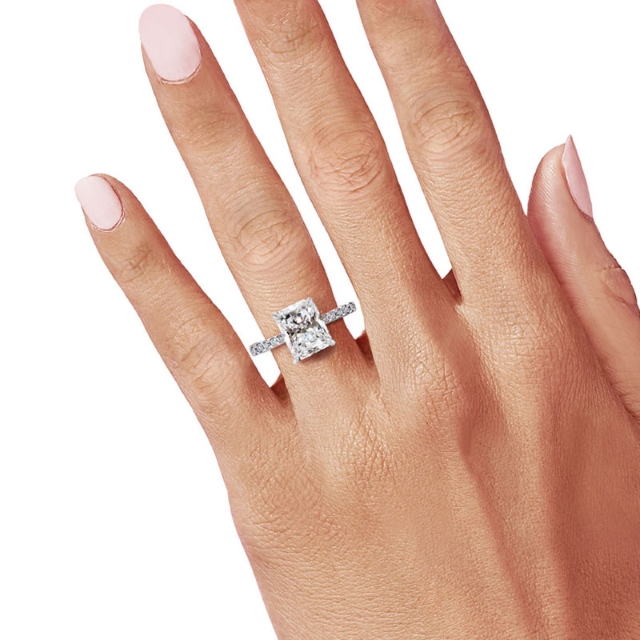 Rochelle 4ct Radiant or Emerald Cut Moissanite Hidden Halo Ring Modelled