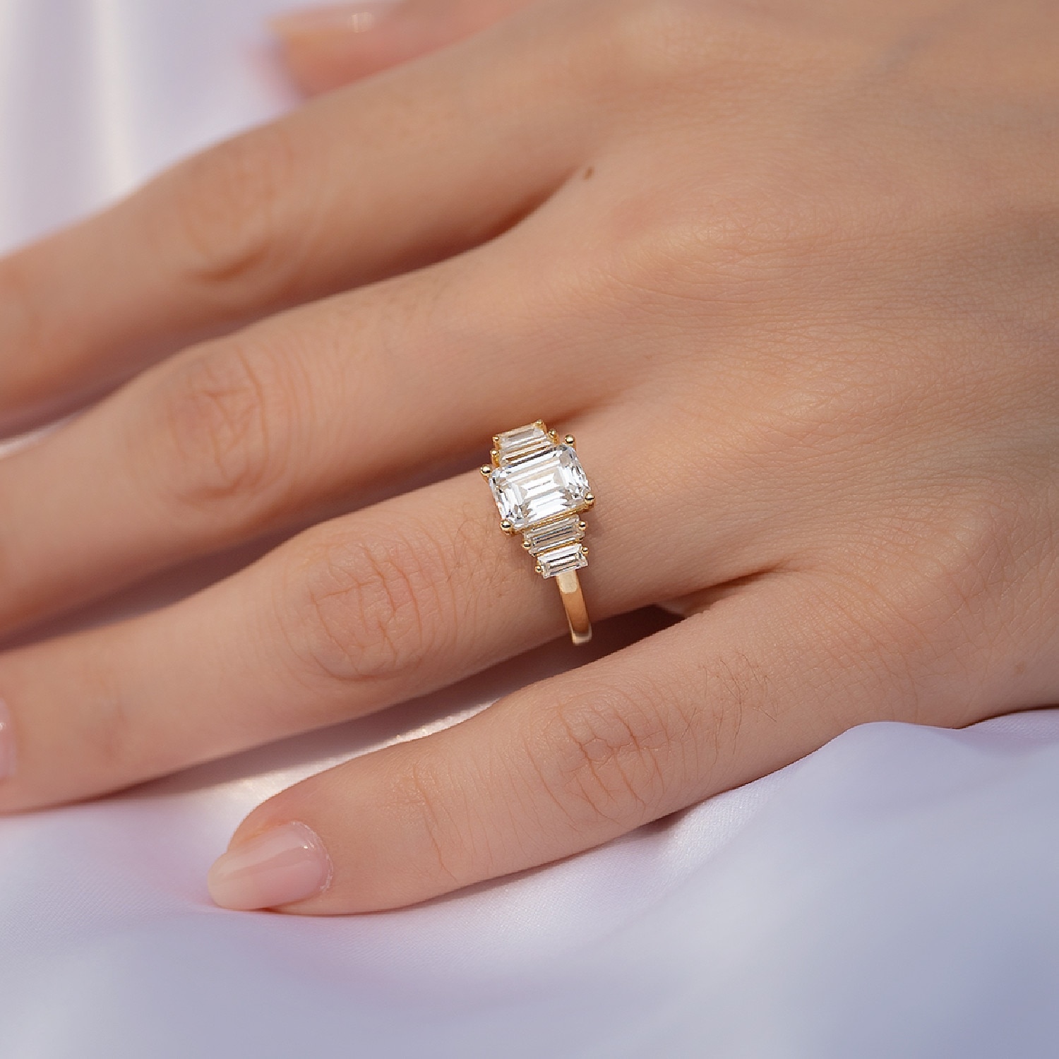 2ct Emerald Cut Side Baguettes Moissanite Ring (1) 2ct Emerald Cut Side Baguettes Moissanite Ring