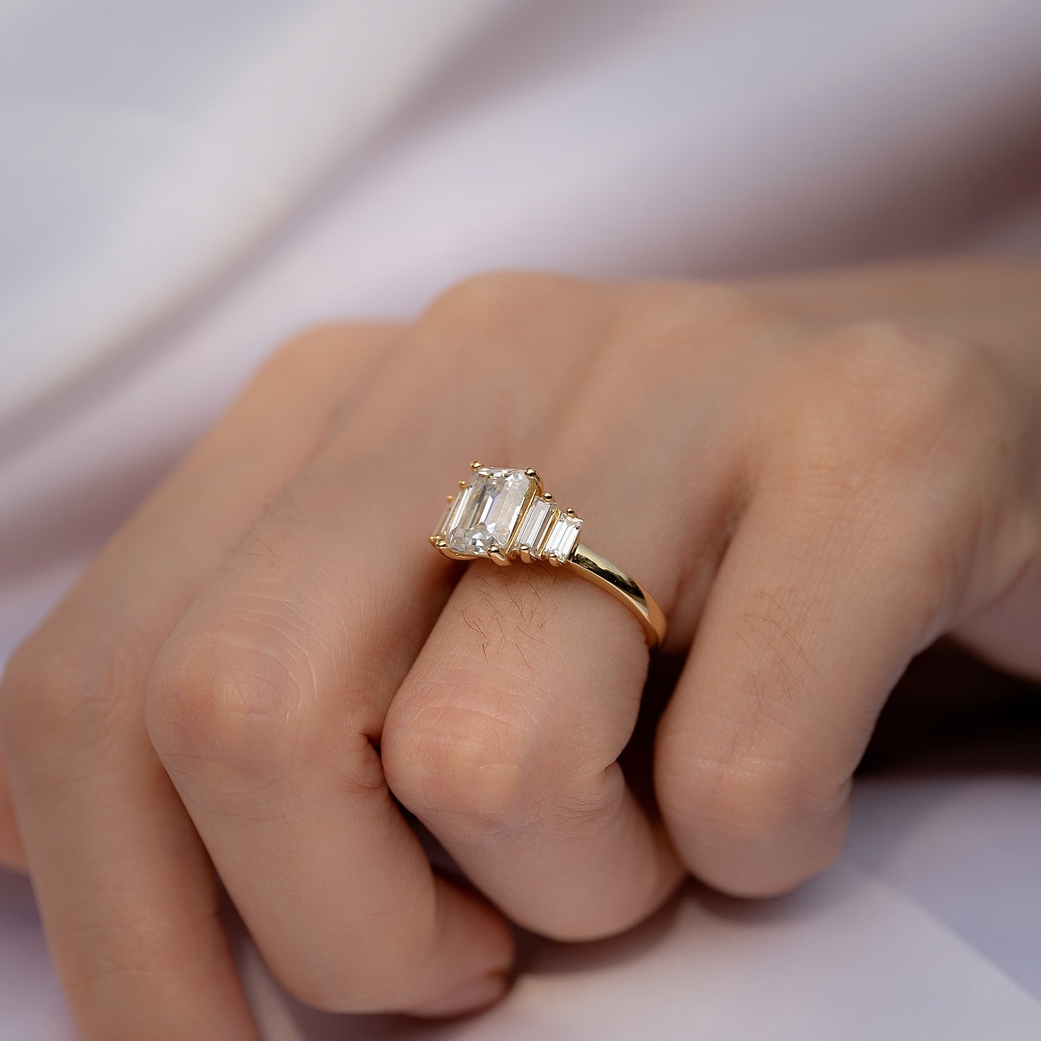 2ct Emerald Cut Side Baguettes Moissanite Ring (2) 2ct Emerald Cut Side Baguettes Moissanite Ring