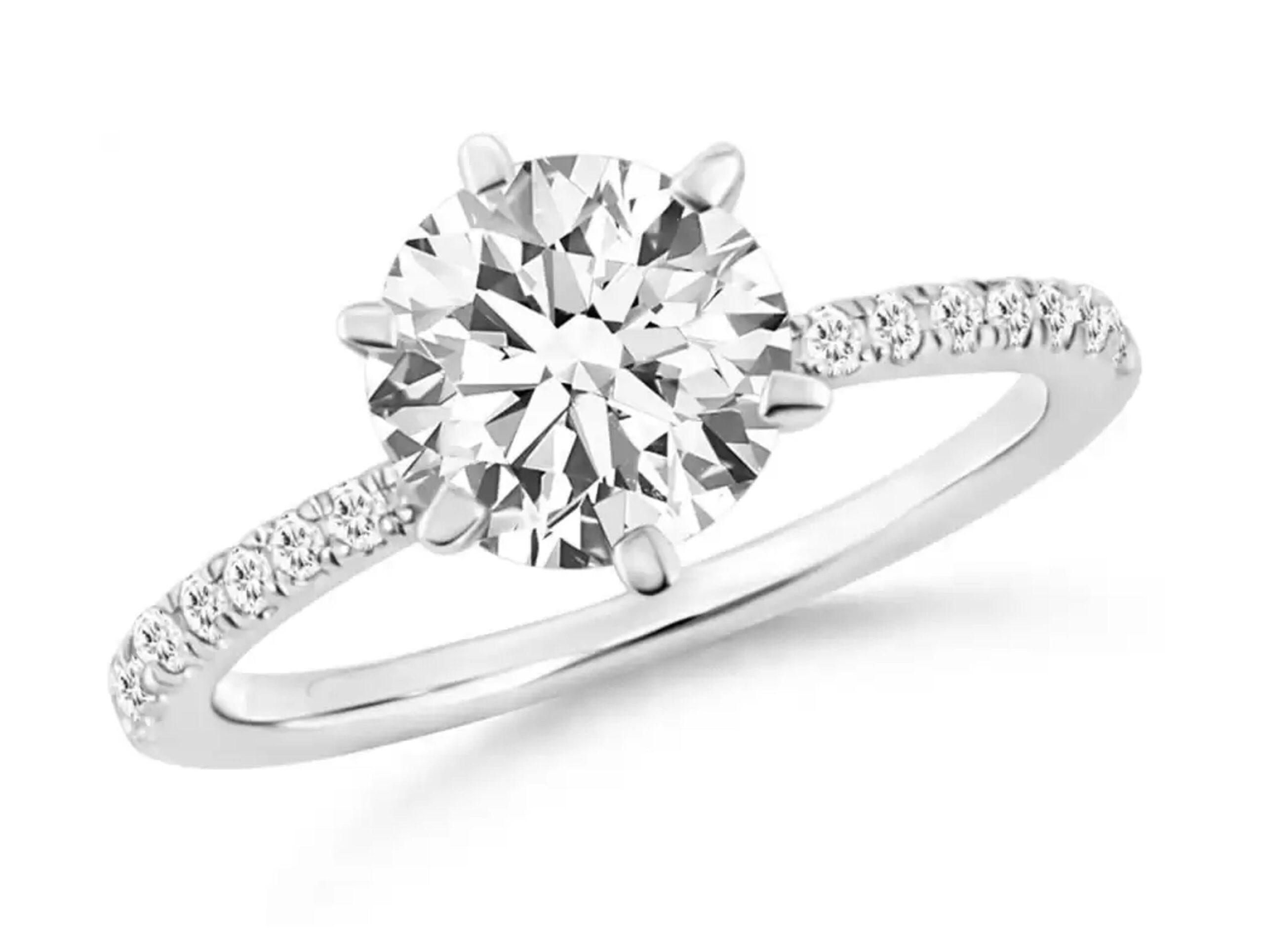 'Roxanne' 1 to 5 Carat Round 6 Prong Moissanite Ring with Half Pave Band 'Roxanne' 1 to 5 Carat Round 6 Prong Moissanite Ring with Half Pave Band