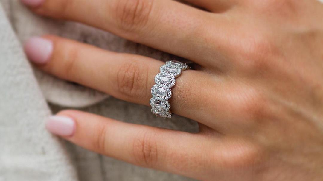 oval halo moissanite half eternity Ring (3) oval halo moissanite half eternity Ring