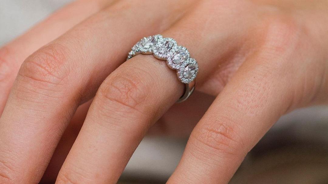 oval halo moissanite half eternity Ring (1) oval halo moissanite half eternity Ring