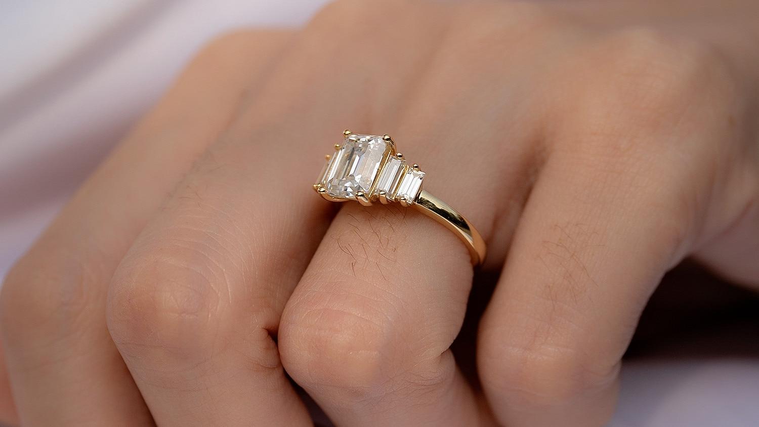2ct Emerald Cut Side Baguettes Moissanite Ring (2) 2ct Emerald Cut Side Baguettes Moissanite Ring