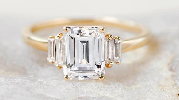 2ct Emerald Cut Side Baguettes Moissanite Ring (4) 2ct Emerald Cut Side Baguettes Moissanite Ring