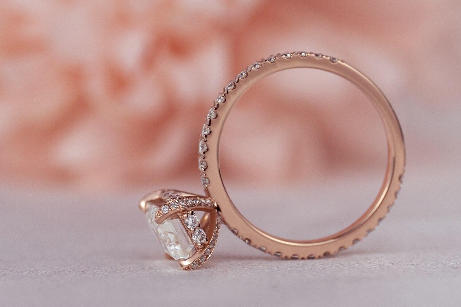 Emerald Cut Moissanite Hidden Halo Ring with pave band