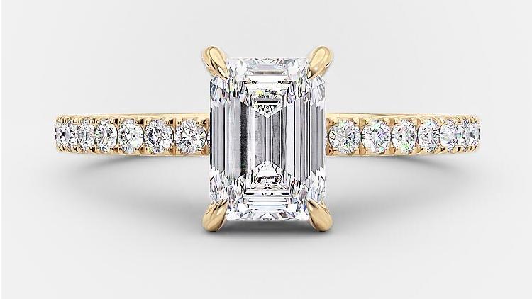 Emerald Cut Moissanite Hidden Halo Ring with pave band